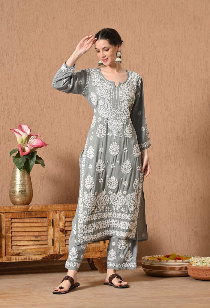 Hand Embroidered Chikankari Modal Plazo Set with 3D Floral Work – Ethnic Wear for Women
