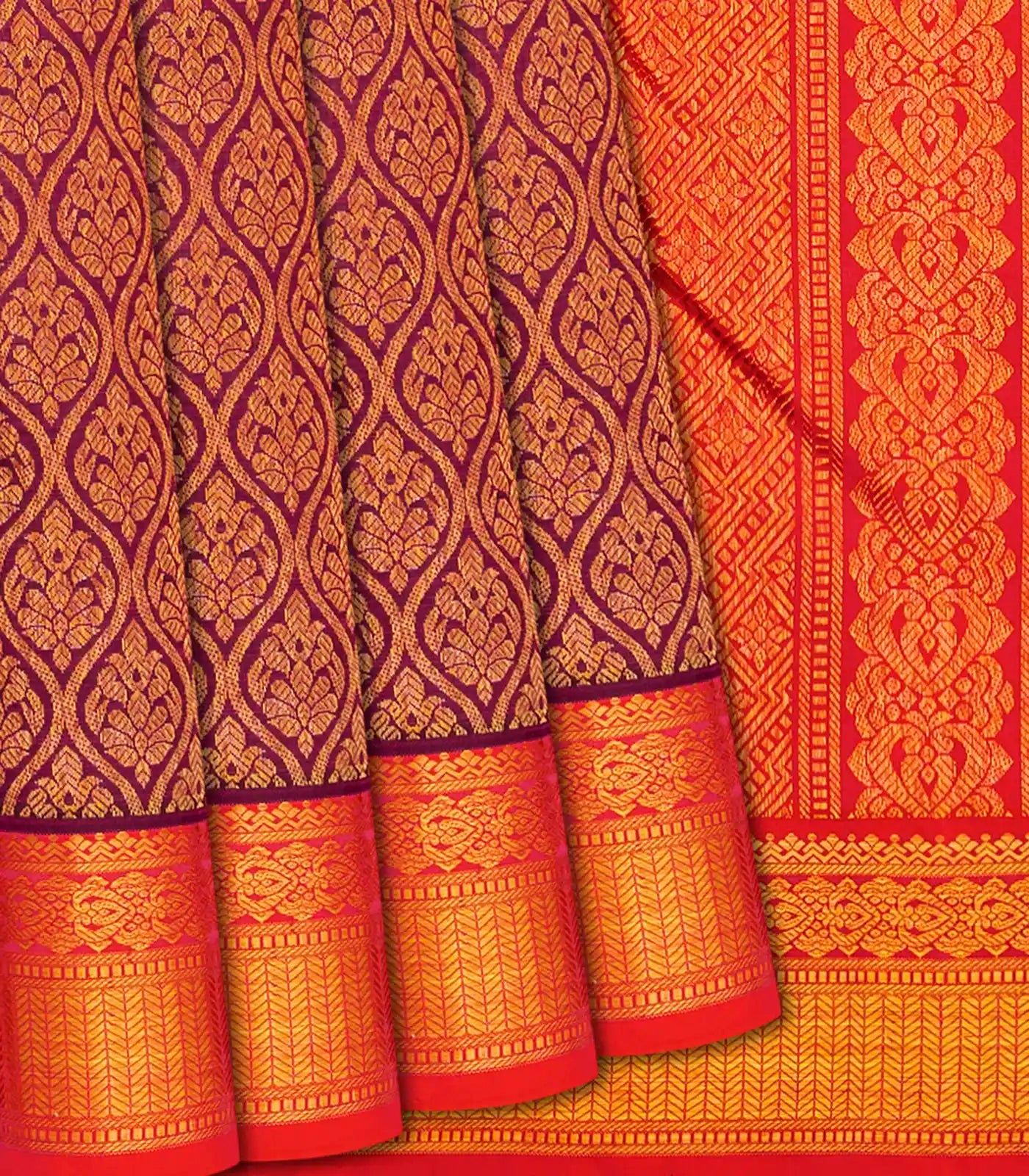 Magenta Handloom Kanchipuram Silk Saree With Floral Motifs -Magenta-Magenta