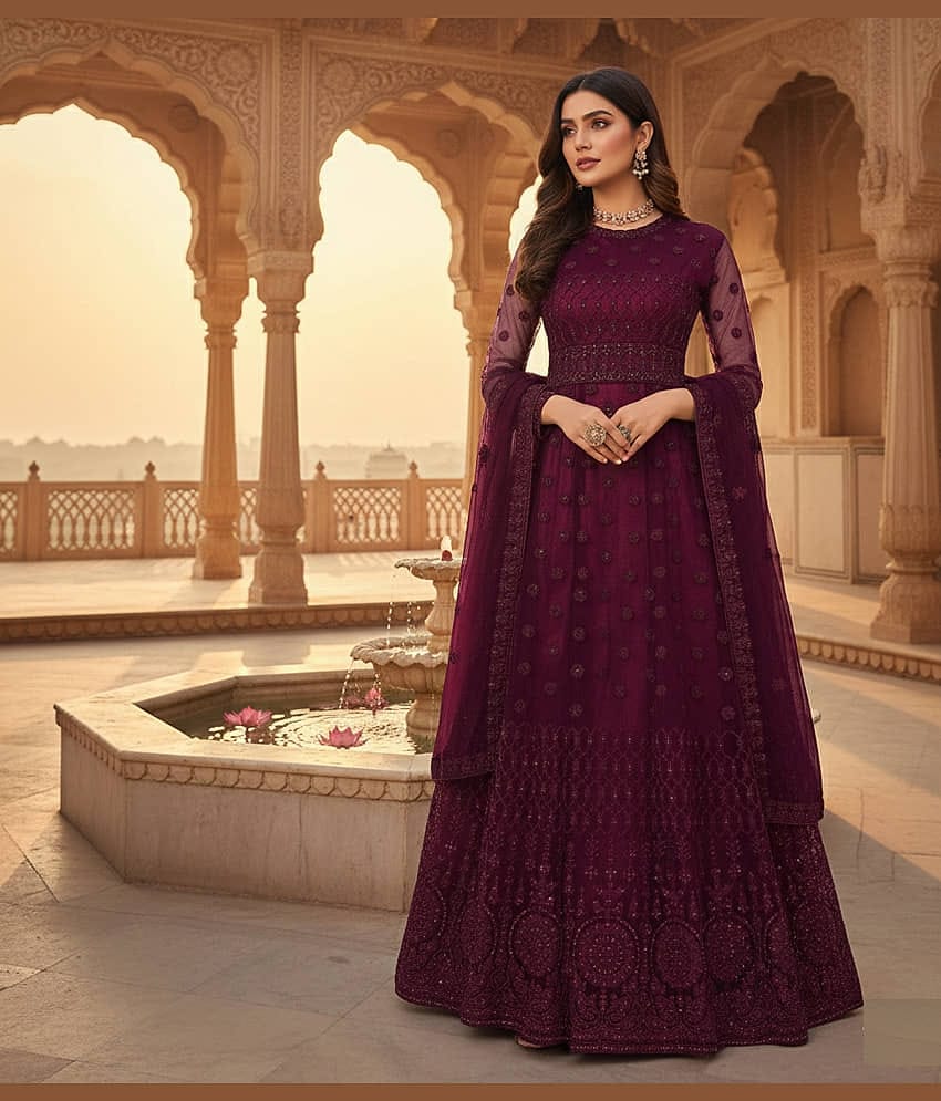 Aika Women Net Flared Semi Stitched Ethnic Gown With Dupatta ( Pink )