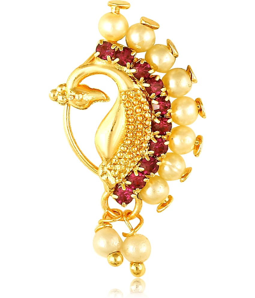 Vighnaharta Gold Plated Mayur design with Pearls AD Stone Alloy Maharashtrian Nath Nathiya./ Nose Pin for women - VFJ1059NTH-Press