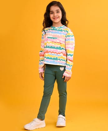 RAINBOW CLOUD LONG SLEEVES GIRLS T-SHIRT GREEN HEART LEGGING SET - PINK/GREEN-6-12 MONTHS / 2N / PINK/GREEN