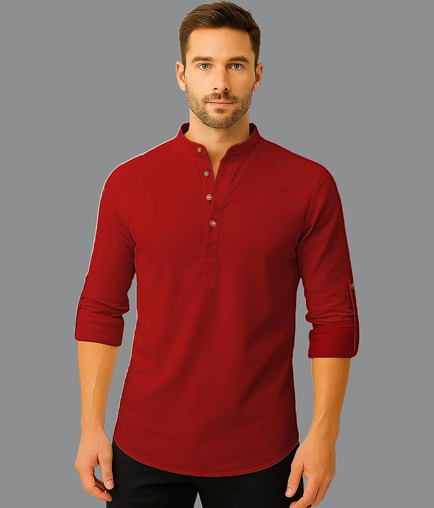 UNI VIBE Cotton Blend Plain Shirt Style Kurta For Men ( Red )