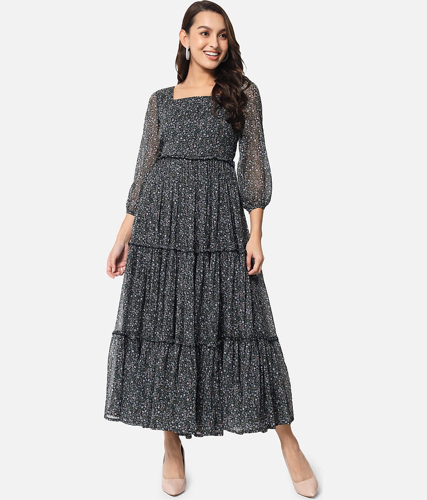 ALL WAYS YOU Women Polyester Printed Fit & Flare Dress ( Black )