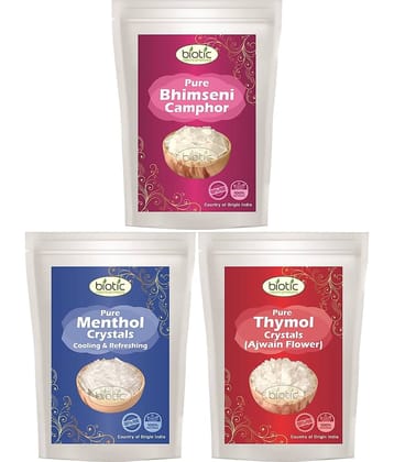 Biotic Menthol Crystals, Thymol Crystals and Bhimseni Kapoor Original 50g Each (150g), Sat Ajwain Sat Pudina Sar Kapoor, Pudina Puvvu Vamu Puvvu Pacha Karpuram ​- 150gm