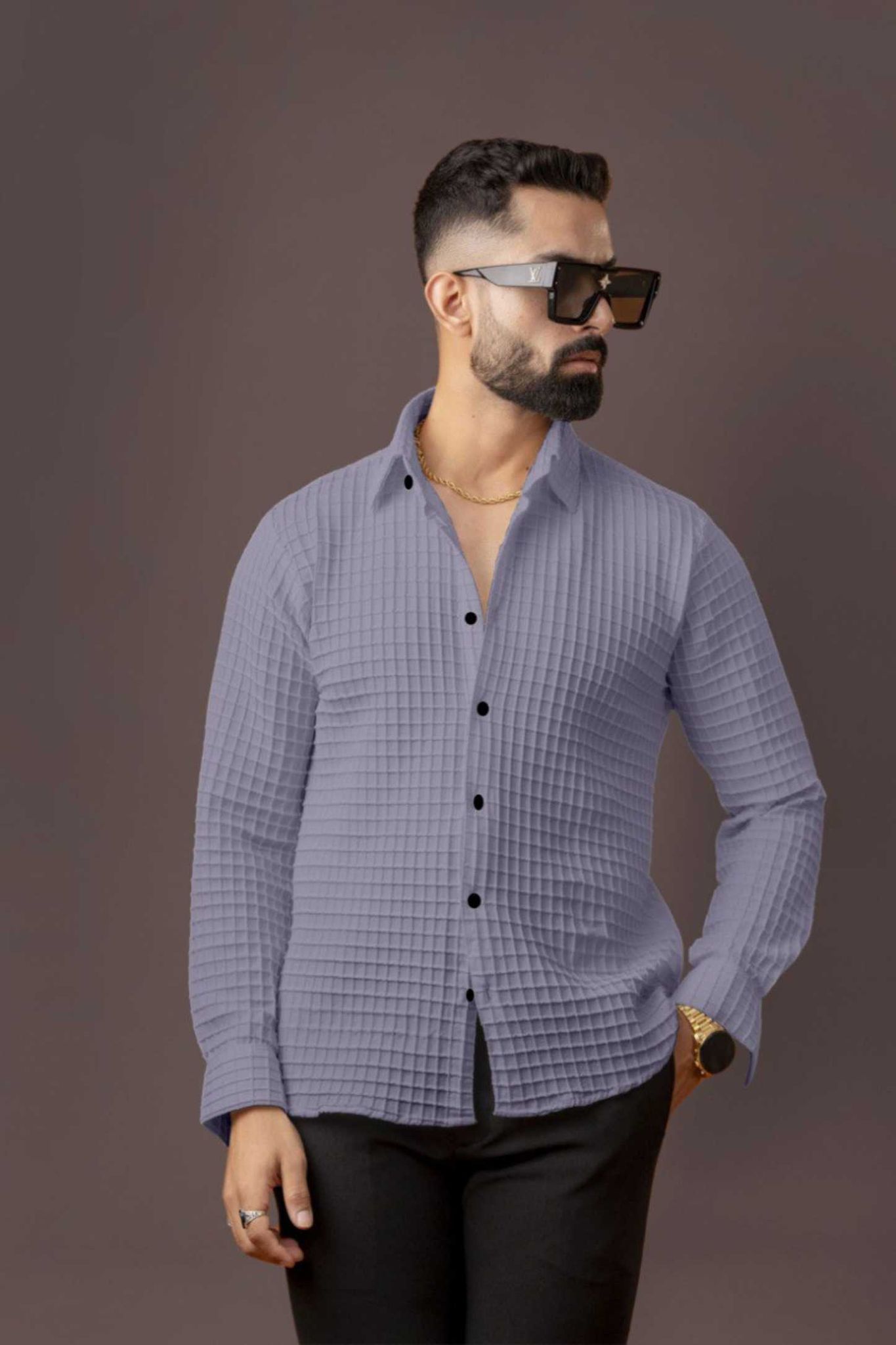 BLUECORP ENTERPRISE Men's Textured Cotton Shirt, Grey, Button-Down Collar, Long Sleeve Size - XL