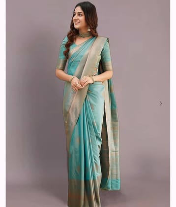 fab woven Art Silk Woven Design Banarasi saree With Unstitched Blouse Piece ( Light Blue )