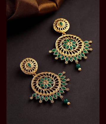 Priyaasi Traditional Green Coloured Stone Gold Plated Drop Earrings for Women and Girls