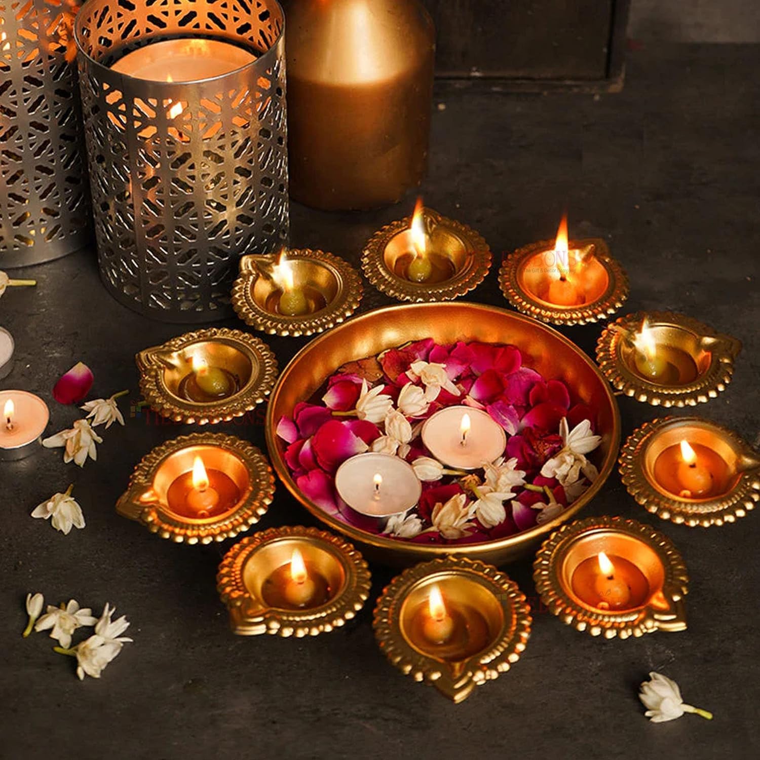 Decorative Urli Bowl with 9 Diyas | Set of 2