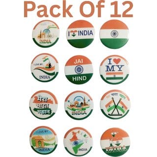 Indian Flag Badge for Republic and Independence Day Mixed Design Metal Plastic Size 4.5 cm Pack of 12