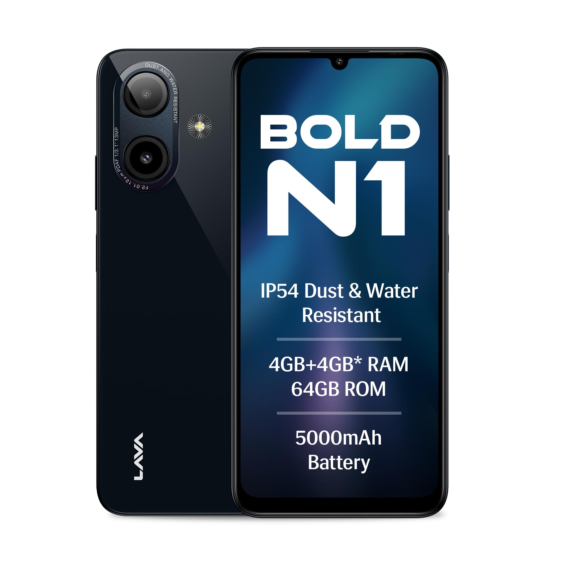 Lava Bold N1 (Radiant Black, 4 GB RAM, 64 GB Storage) | 6.75" (90 Hz) HD+ Display | 13MP AI Dual Rear Camera | 5000 mAh Battery | Secure Face Unlock | Fingerprint Reader | Charger & Phone-Case in Box