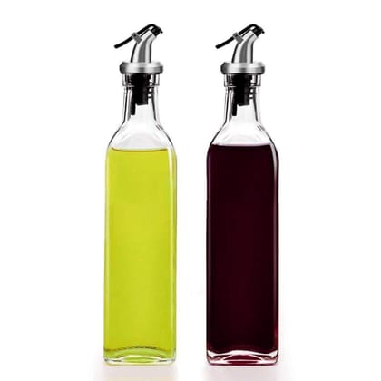Glass Oil Dispenser With Funnel | 500 ML | Airtight Square Glass Bottle For Kitchen Olive Oil, Vinegar, Cooking Oil, Soy Sauce And Other Liquids | Pack of 2 |