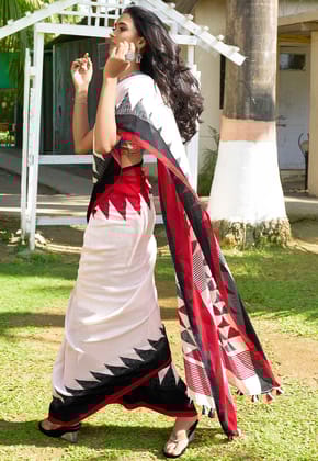 WHITE WITH RED COLOR DESIGNER LINEN DIGITAL PRINTED SAREE  1545