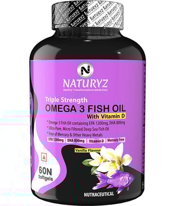 NATURYZ Triple Strength Omega 3 Fish Oil 2500 Mg with Highest EPA, DHA -60 Softgels(Vanilla Flavour)