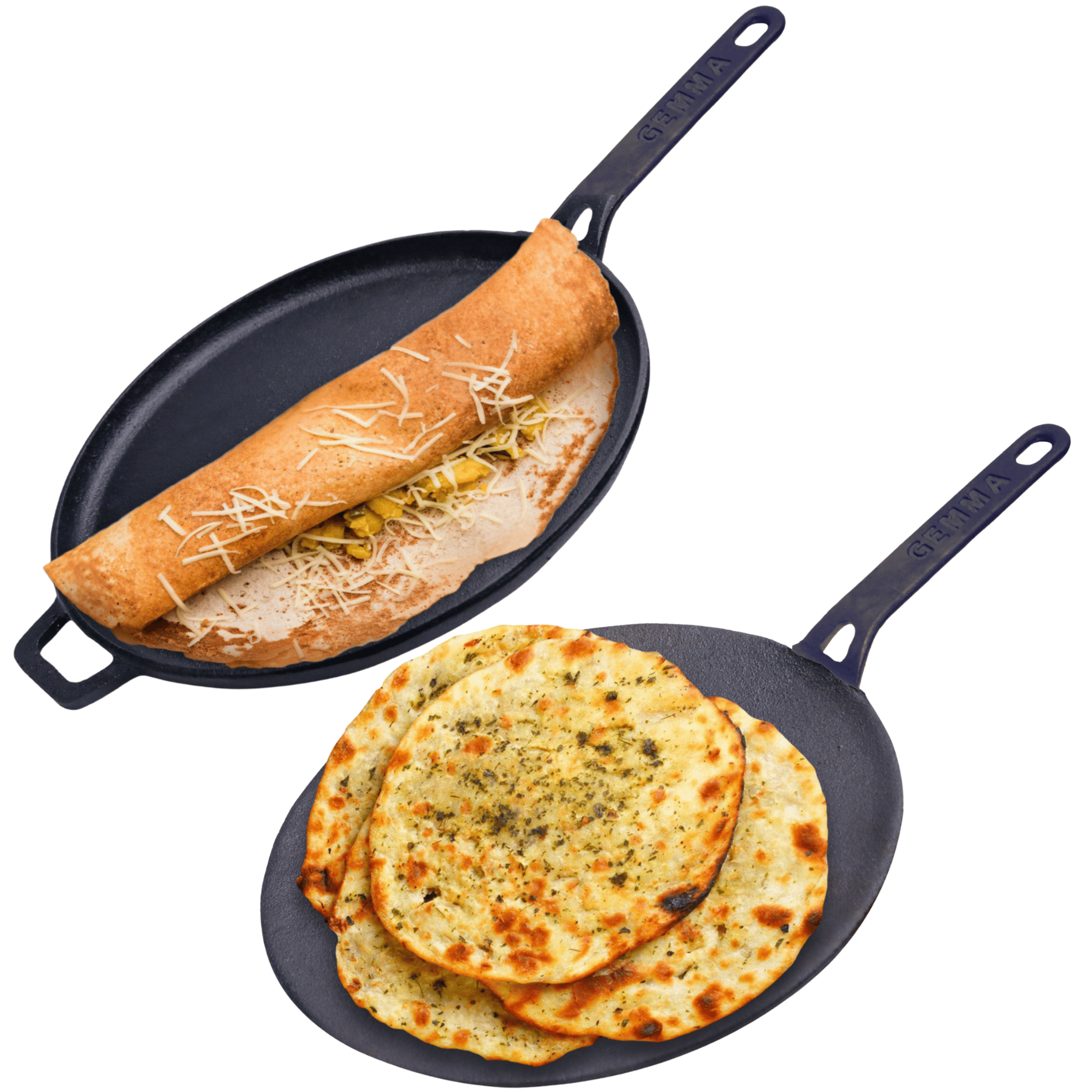 GEMMA Cast Iron Pre-Seasoned Dosa Tawa & Roti Tawa with Handle Pack of 2 Combo Black-Black