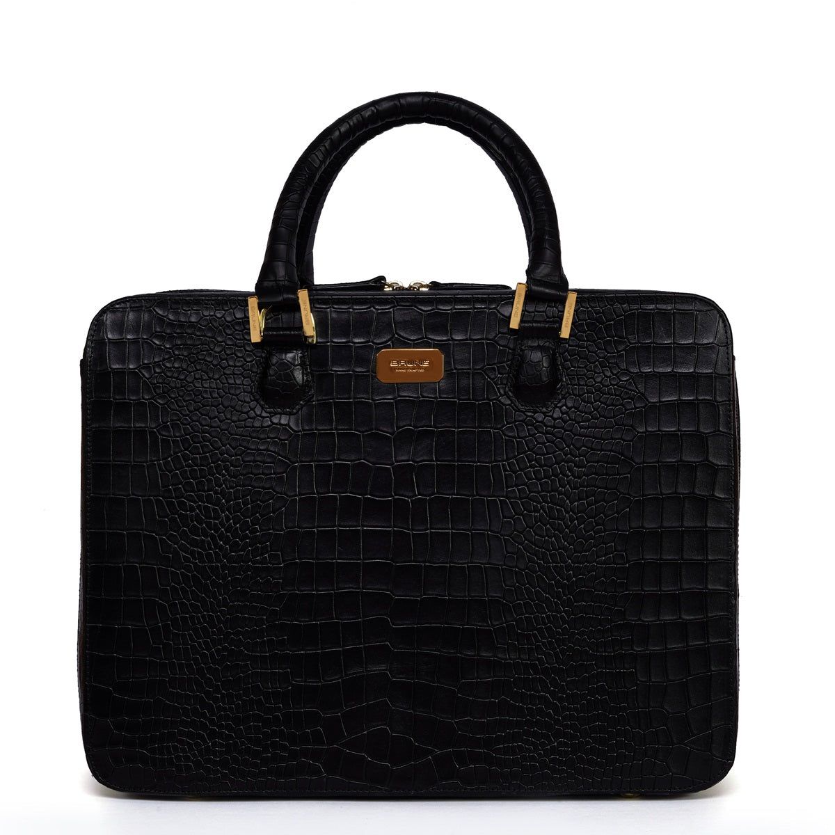 Black Laptop Briefcase In Croco Textured Leather-FS