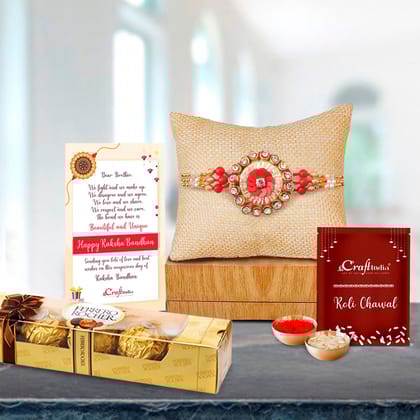 Designer Rakhi with Ferrero Rocher (4 pcs) and Roli Chawal Pack, Best Wishes Greeting Card