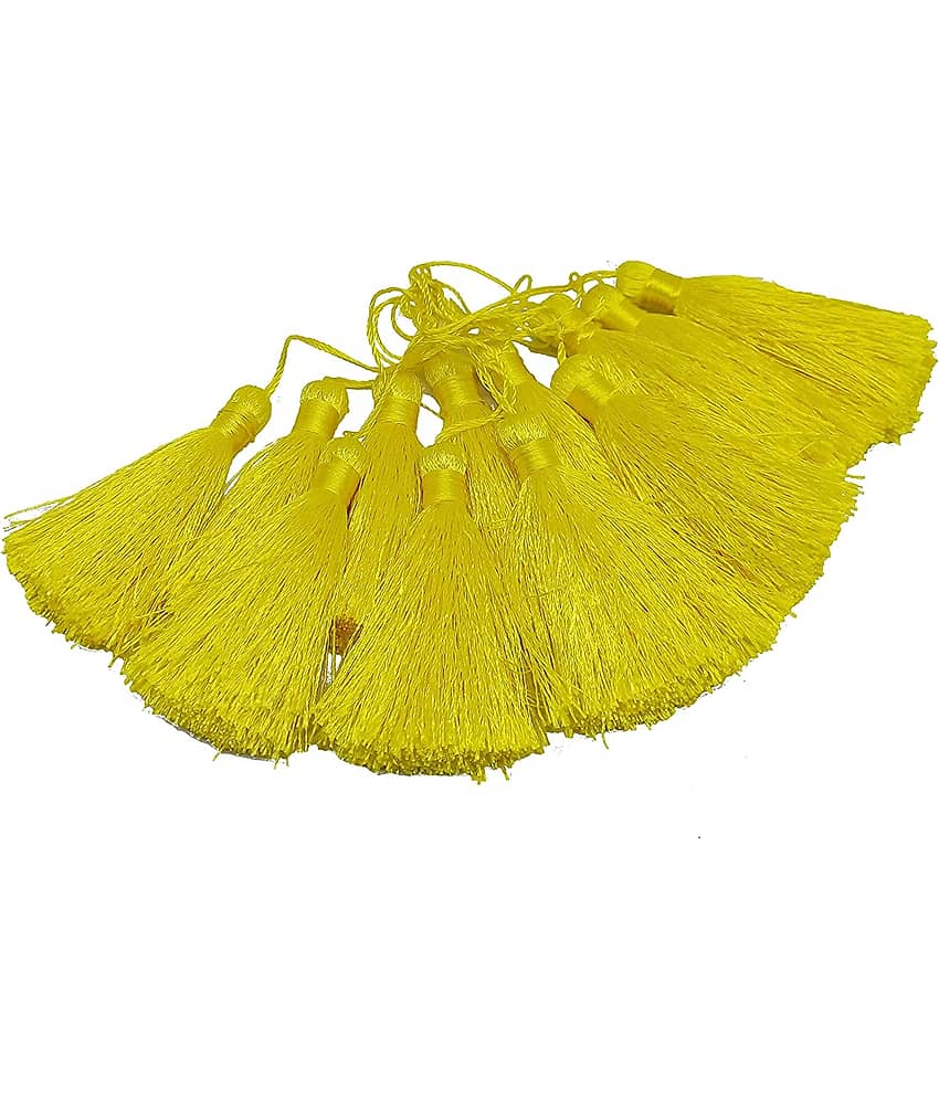 PRANSUNITA Silky Floss Tassels with Loop for Bookmarks, Charms Jewelry Making Earring Bracelet Pendant, Dresses etc. -Handmade - Pack of 12 pcs - 6 cm - Color- Lemon Yellow