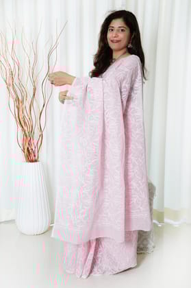 Kota Cotton Saree With Tepchi Chikankari Work-Pink