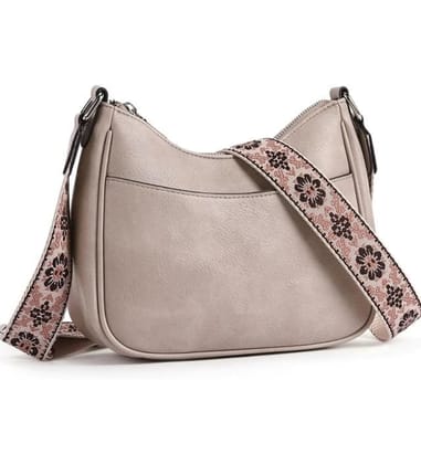 Women's PU Leather Zipper Sling Bag (Beige)-PID63984