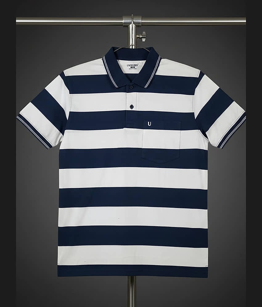 UNIBERRY Men Cotton Blend Regular Fit Striped Polo T Shirt ( Navy )