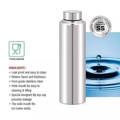 Denzcart Slim Stainless Steel Water Bottle 1000ml | Leak-Proof Wide Mouth Bottle with Carry Handle, Silver, LWH 7x7x27 cm