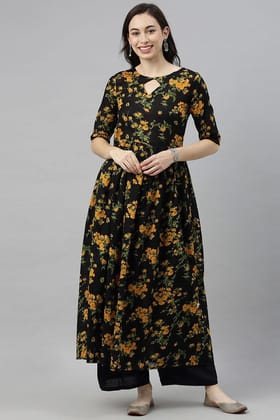 Women Black Floral Printed Keyhole Neck Kurta VCK8215