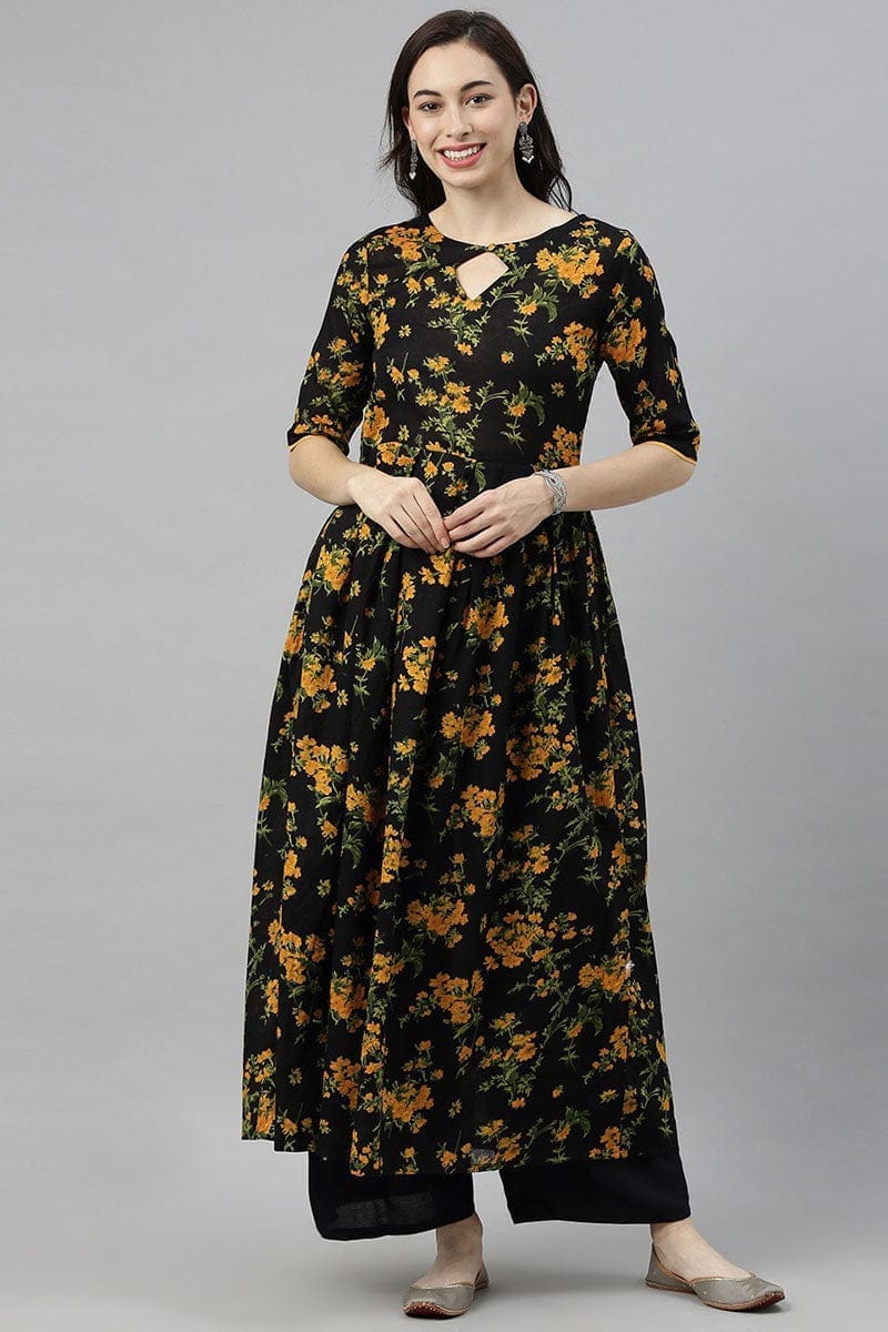 Women Black Floral Printed Keyhole Neck Kurta VCK8215