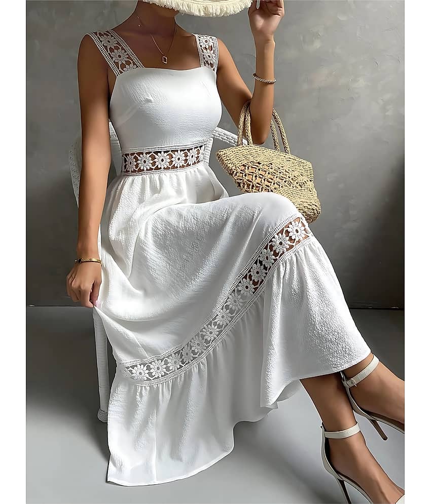 ZELZIS Women Crepe Crochet Maxi ( White )