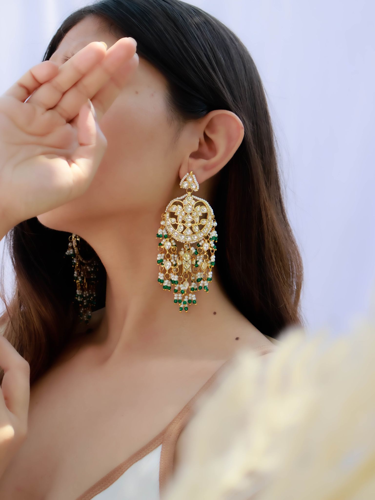 Louise Green Kundan Chandbali Earrings-Green