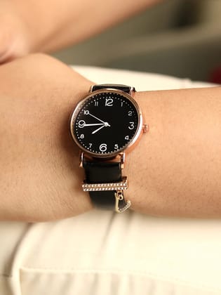Round Analog Watch With V Liberty Initial Watch Charm - Black-Watches