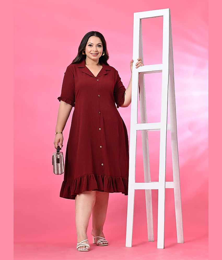 PrettyPlus by Desinoor.com Women Polyester Self Design A-line Dress ( Maroon )