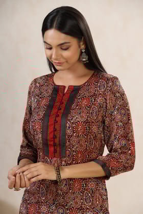 Aafrah Asira Ajrakh Modal Silk Kurta And Dupion Silk Pant Set-M / Maroon / Maroon