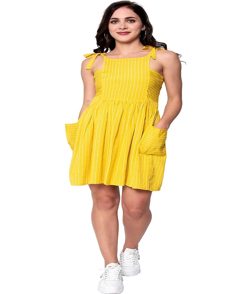 GOD BLESS Women Cotton Fit & Flare Dress ( Yellow )