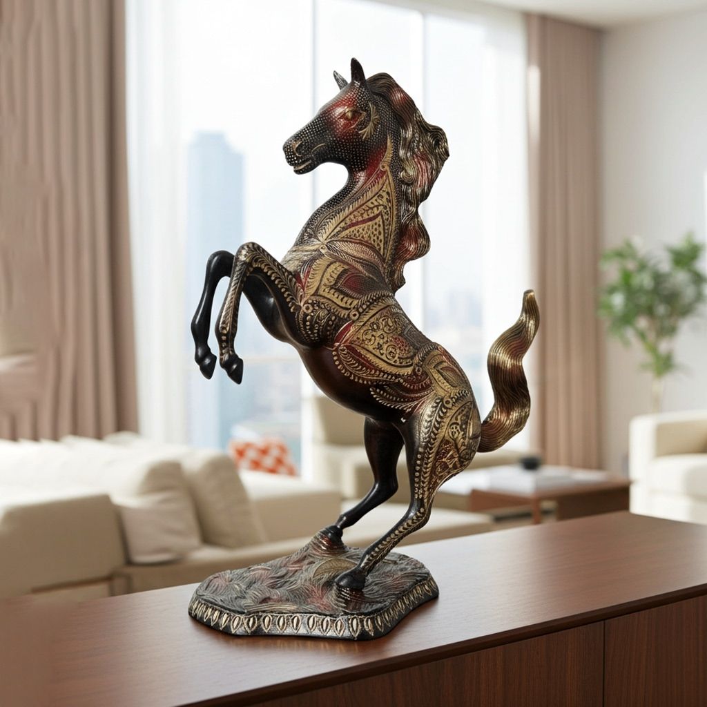 Brass Jumping Horse Statue � Lucky Vastu Running Horse Home Decor, Height : 21 Inch (ANMAS009)