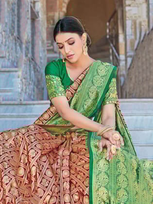 Benarasi Woven Saree- Red & Green