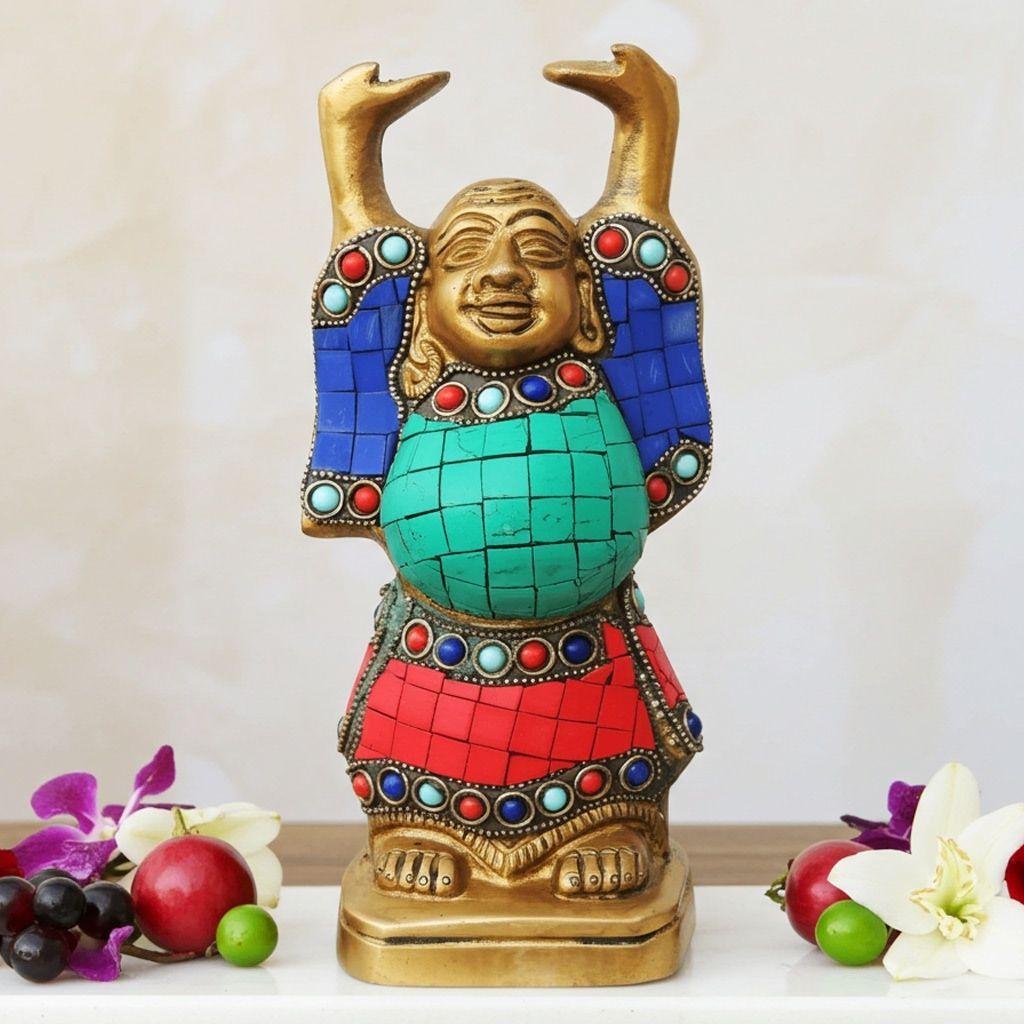 Brass Laughing Buddha with Turquoise Coral Finish - Feng Shui Idol, Height : 8 Inch (BSMAS325 F)