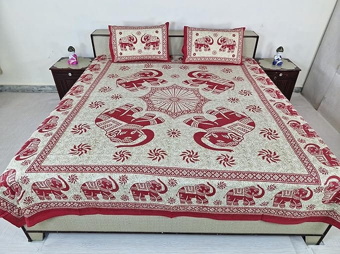 Bed Sheet Set with Pillow Covers, Traditional Indian Elephant Print Cotton semi duoble in Red and White Color,Best use at Single Bed and Deewan