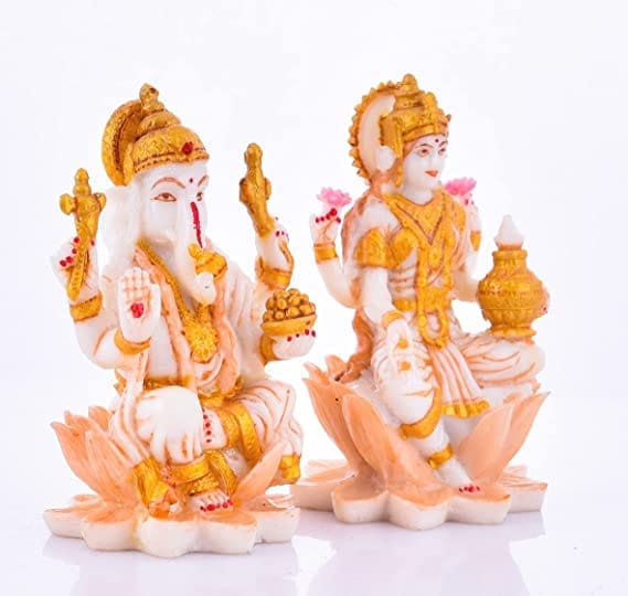 Ganesh Ji & Laxmi Ji Marble Dust Murti for Car Dashboard, Pooja Room, God Idols, Home Temple Decor Idols (Size: 3 Inches).