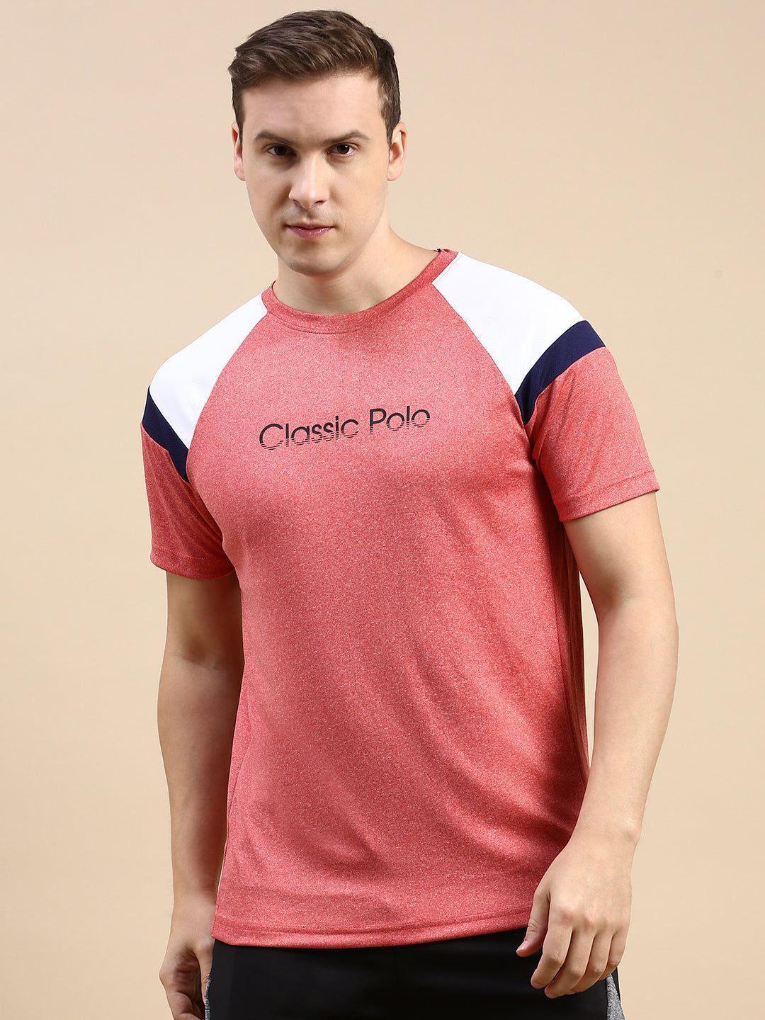 Classic Polo Men's Round Neck Polyster Red/White Slim Fit Active Wear T-Shirt