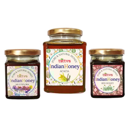 IndianHoney Rajasthan Acacia Honey, Rare & HighFlavonoid Red Honey, & Himalayan Multiflora Triple Combo Pack (500gm + 2x230gm)