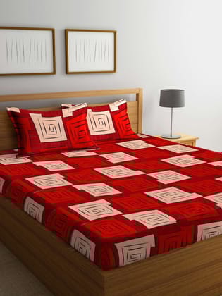 Red & Cream-Coloured Geometric 300 TC King Bedsheet with 2 Pillow Covers