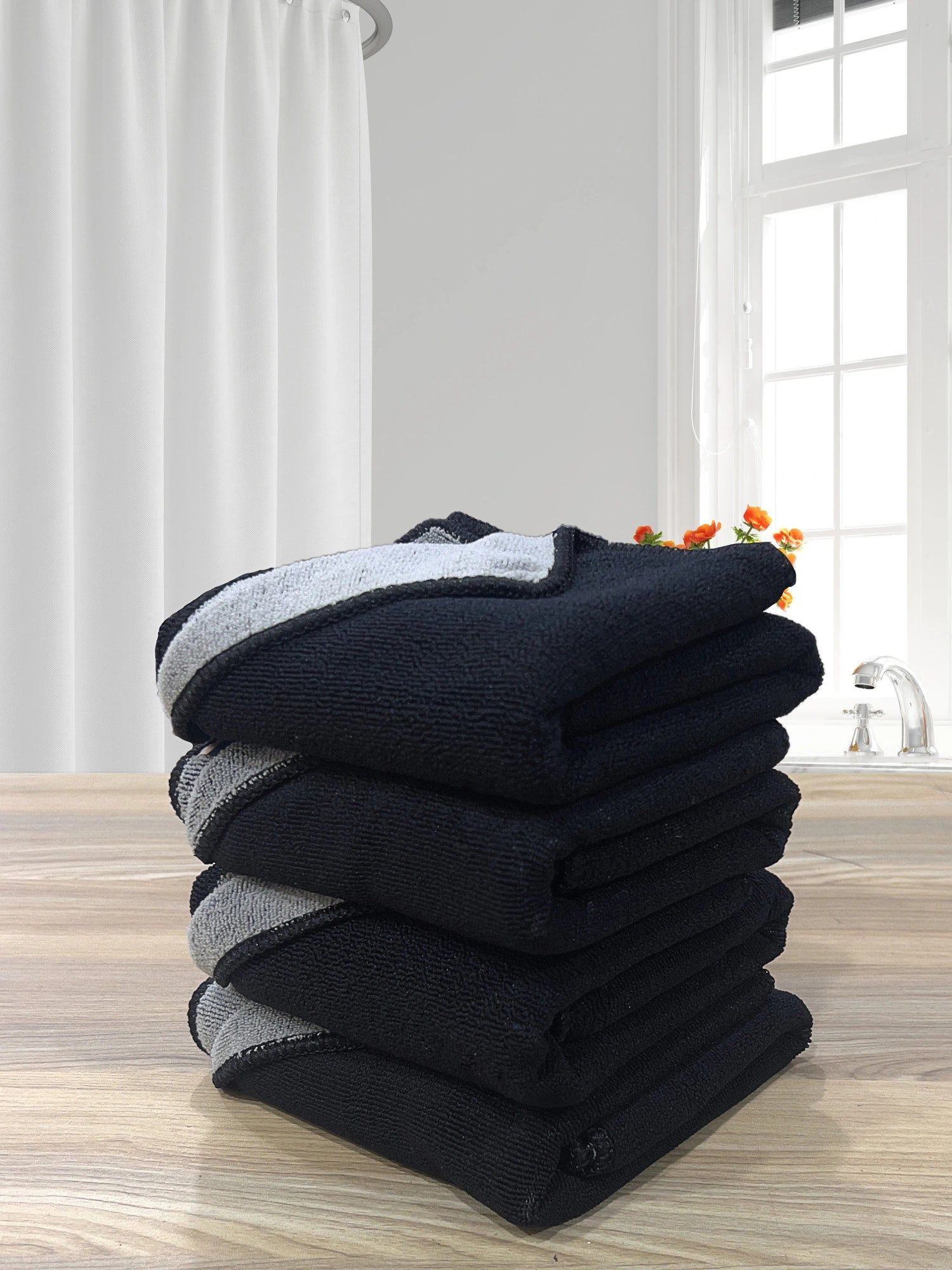 Euphoria 450GSM Reversible, Super Soft, Anti Microbial, Hand Towel (40cm x 60cm ), Black-Pack of 4
