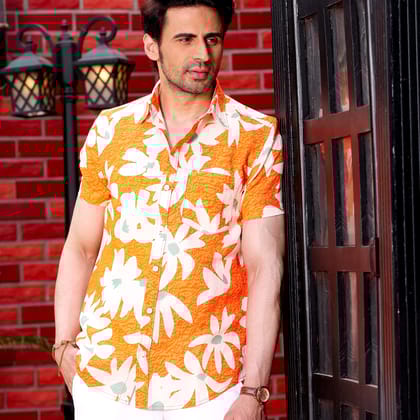 Lily Flower Orange Casual Pure Linen Half Shirt (Size - S) by BLUE EAGLE