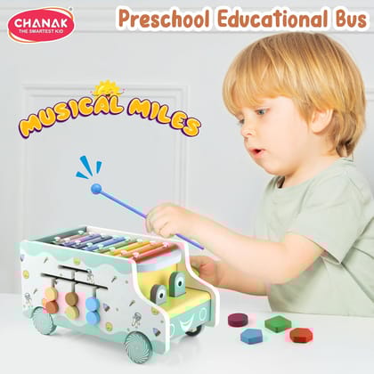 Chanak Wooden Activity Bus 6-in-1 Montessori Toys Truck Multifunctional Early Educational Musical Miles Includes Shape Sorter, Xylophone, Maze, Storage, Dancing Eyes Bus For Boys Girls, Above 3+ Age