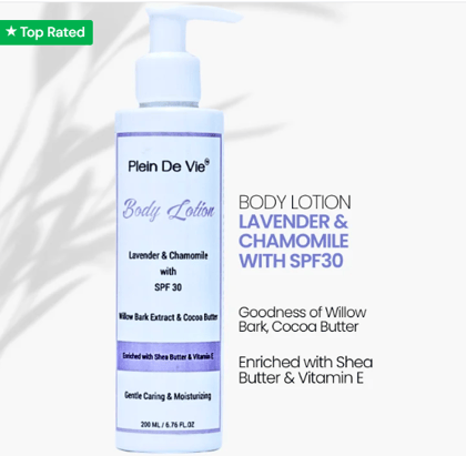 Plein De Vie Body Lotion | Lavender & Chamomile | SPF 30 | Moisturizer | Hydrates | Winter Body Lotion | Face and Body | Dry Skin and Oily Skin | Relieves Stress | Sun Protection | Unisex