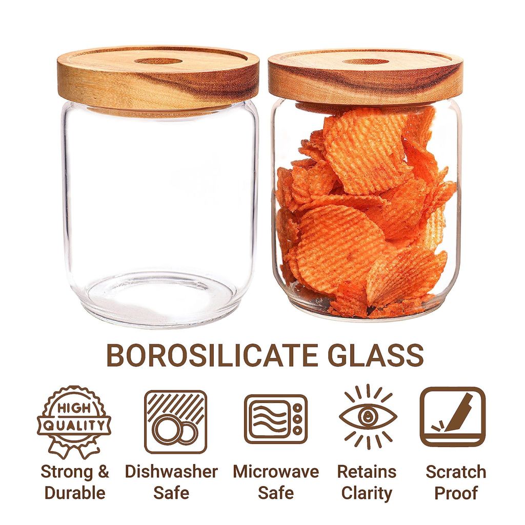 Femora Borosilicate Glass Jar with Bamboo Lid Air-Tight Jar, 450 ML, 2pcs,