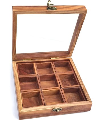 TFS® - Wooden Masala Box Brown Wooden Spice Container ( Set of 1 ) - 550 ml