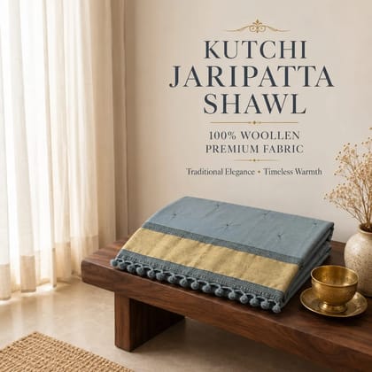 Grey-Blue Kutchi Jaripatta Woollen Shawl