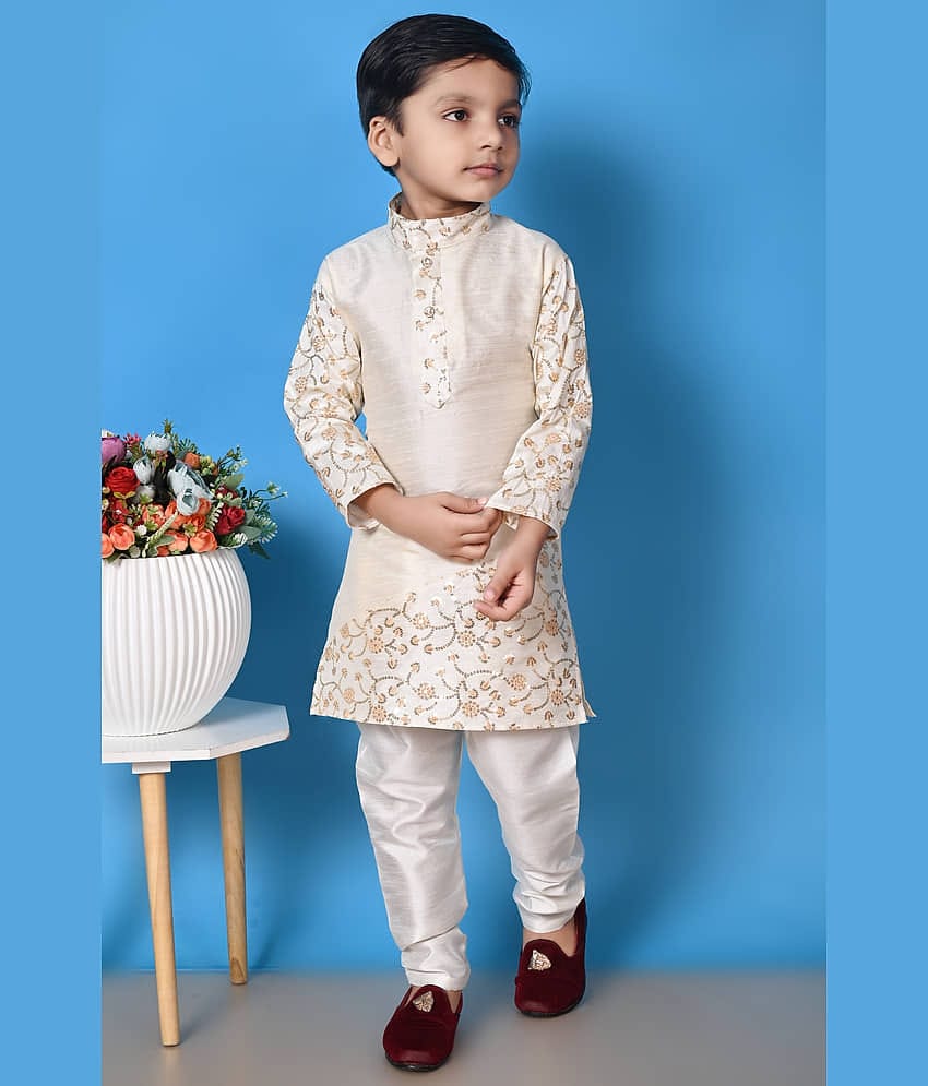 New Collection Boys Cotton Blend Floral - Pattern Kurta Pyjama Set ( Cream , Pack of 1 )