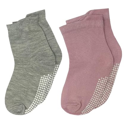 USOXO Kids Toddler Socks I Combed Cotton Stylish Solid Non-Slip Ankle Crawling with Grips I Anti-Skid, Comfortable Sock for Girls Boys Children Grey, Pink